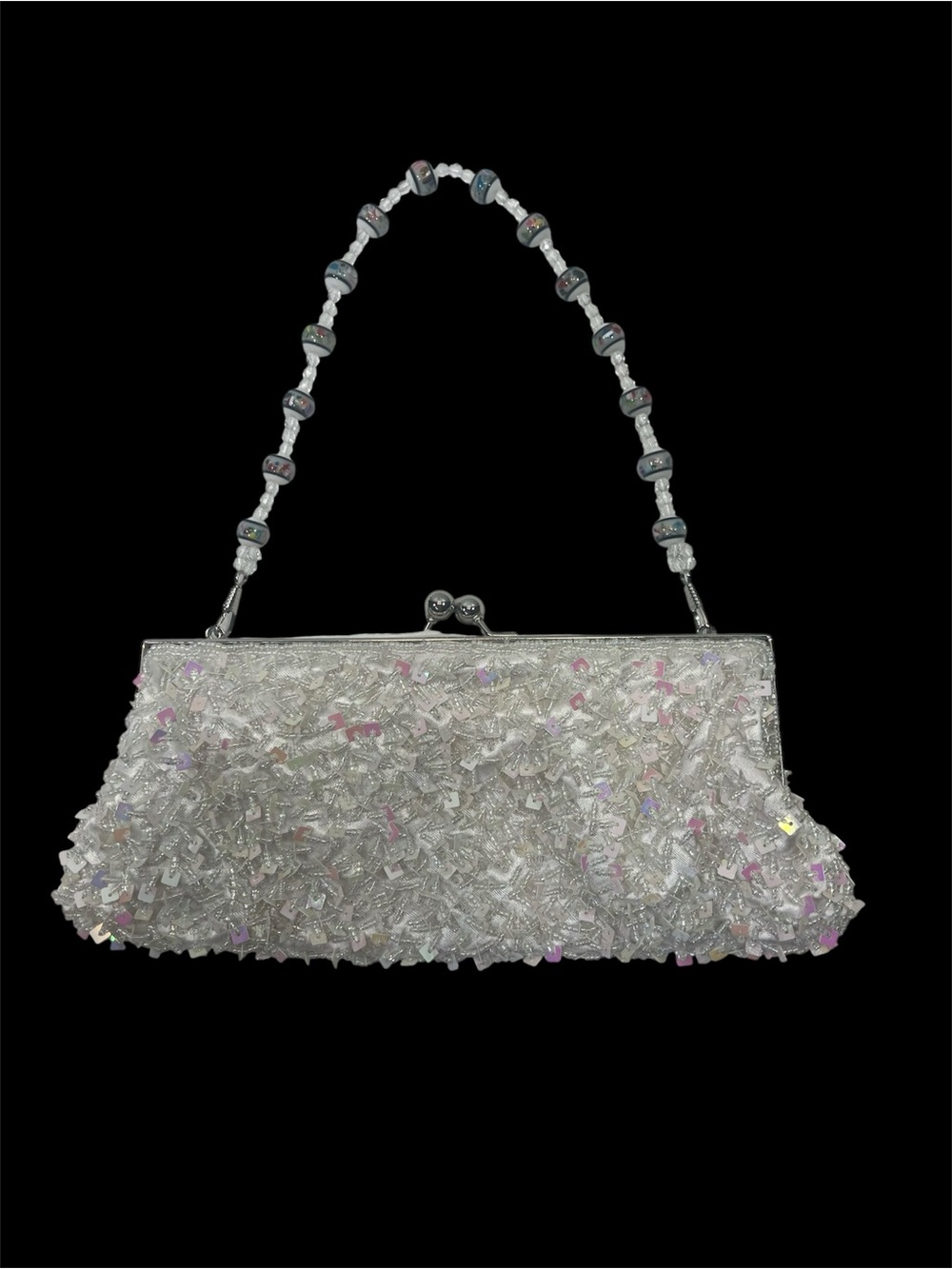 Vintage Beaded Sequin Bridal Clutch 1990s era evening bag Silver Kiss Lock
